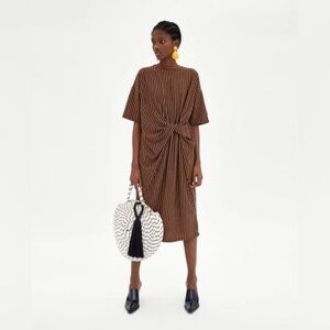 Striped Knot-Front Midi Dress in Brown